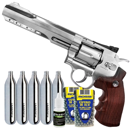 Kit Revolver 38 De Pressão Gas Co2 6 Tiros 4 Oxidado Rossi Full Metal M701  4,5mm - Wingun