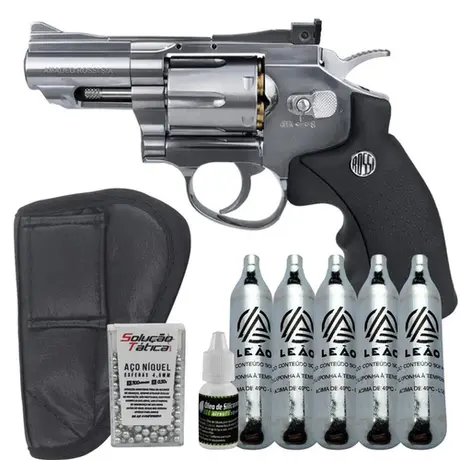 Revólver CO2 Rossi 708S 2,5" Niquelado Full Metal 4.5 + Coldre + CO2 e Esferas