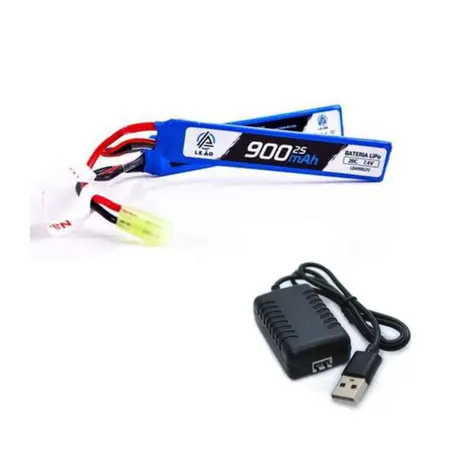 Bateria Airsoft Lipo 2s 7,4V 20C 900MAH - LEAO + Carregador