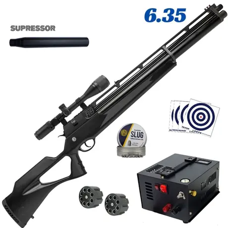 Carabina de Pressão PCP Rossi R8 BLACK Standard 6.35mm Alto Fluxo + Compressor,Luneta e Supressor