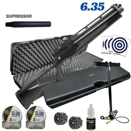Carabina PCP Rossi R8 SHORT Alto Fluxo Black 6.35mm 8 Tiros Combo