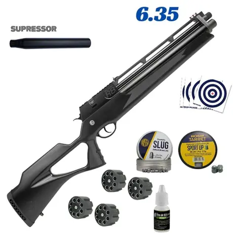 Carabina PCP Rossi R8 SHORT Alto Fluxo Black 6.35mm 8 Tiros Combo