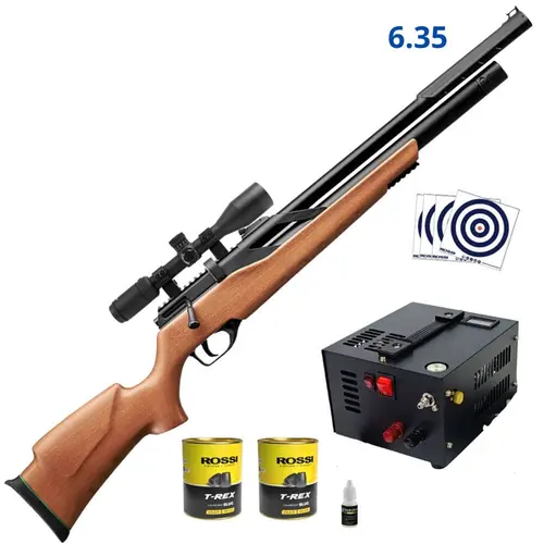 Carabina de Pressão PCP Rossi T-Rex Madeira 6,35 + Compressor, Luneta 3-9x40 e Chumbinhos