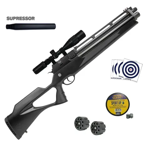 Carabina PCP Rossi R8 SHORT Alto Fluxo Black 6.35mm 8 Tiros Kit
