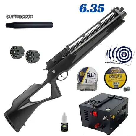 Carabina PCP Rossi R8 SHORT Alto Fluxo Black 6.35mm 8 Tiros Combo