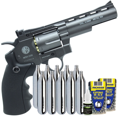 Kit Revolver 38 De Pressão Gas Co2 6 Tiros 4 Oxidado Rossi Full Metal M701  4,5mm - Wingun